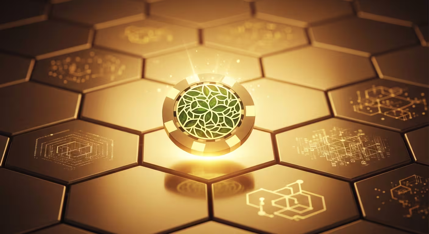 Futuristic green casino with solar panels, lush digital forests and glowing eco-friendly slot machines