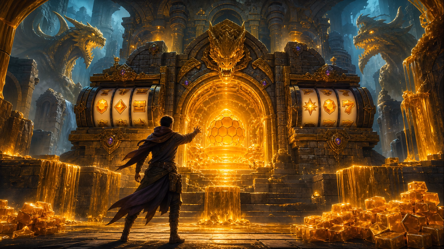 Epic fantasy scene with hero chasing glowing honey treasures through mystical temple with slot reels